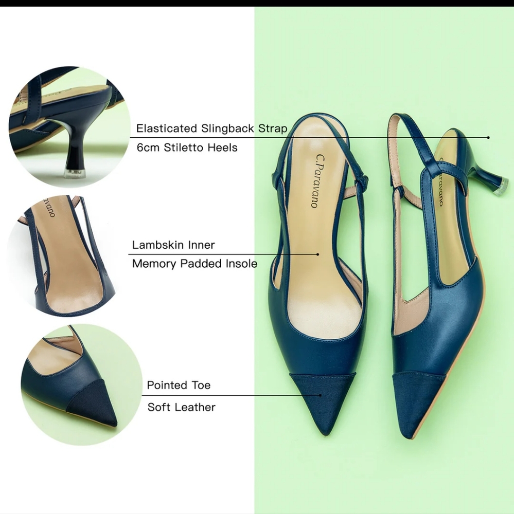 C. Paravano Cap Toe Sling Back Helen Kitten Heel 9.5, 10.5 Navy Shoes NWOB - Picture 4 of 16